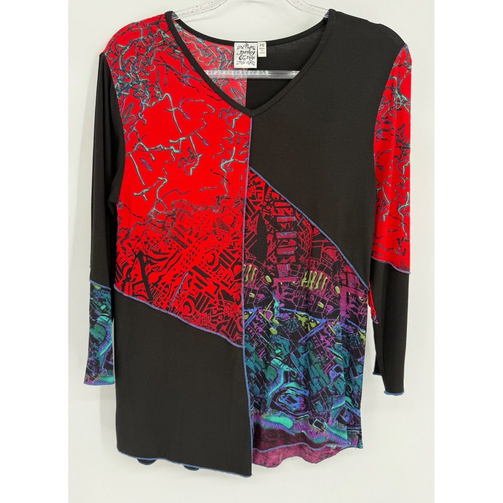 Parsley & Sage Womens PS Red Black Abstract Asymmetric Patchwork V-Neck Tunic
